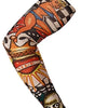 A long seamless tattoo sleeve featuring a woman and skull designs in various colors.