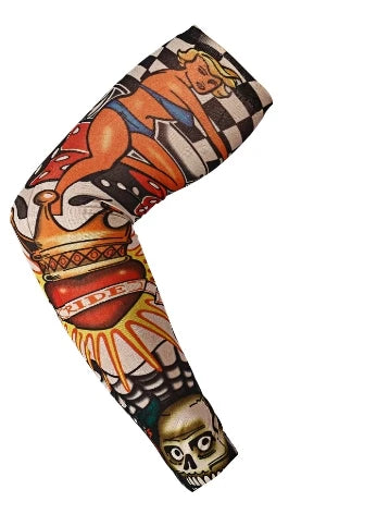 A long seamless tattoo sleeve featuring a woman and skull designs in various colors.