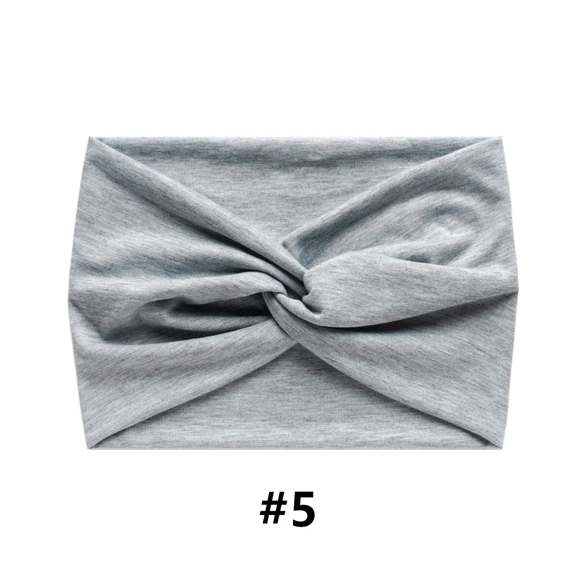 Gray fabric headband tied in a knot, shown flat lay.