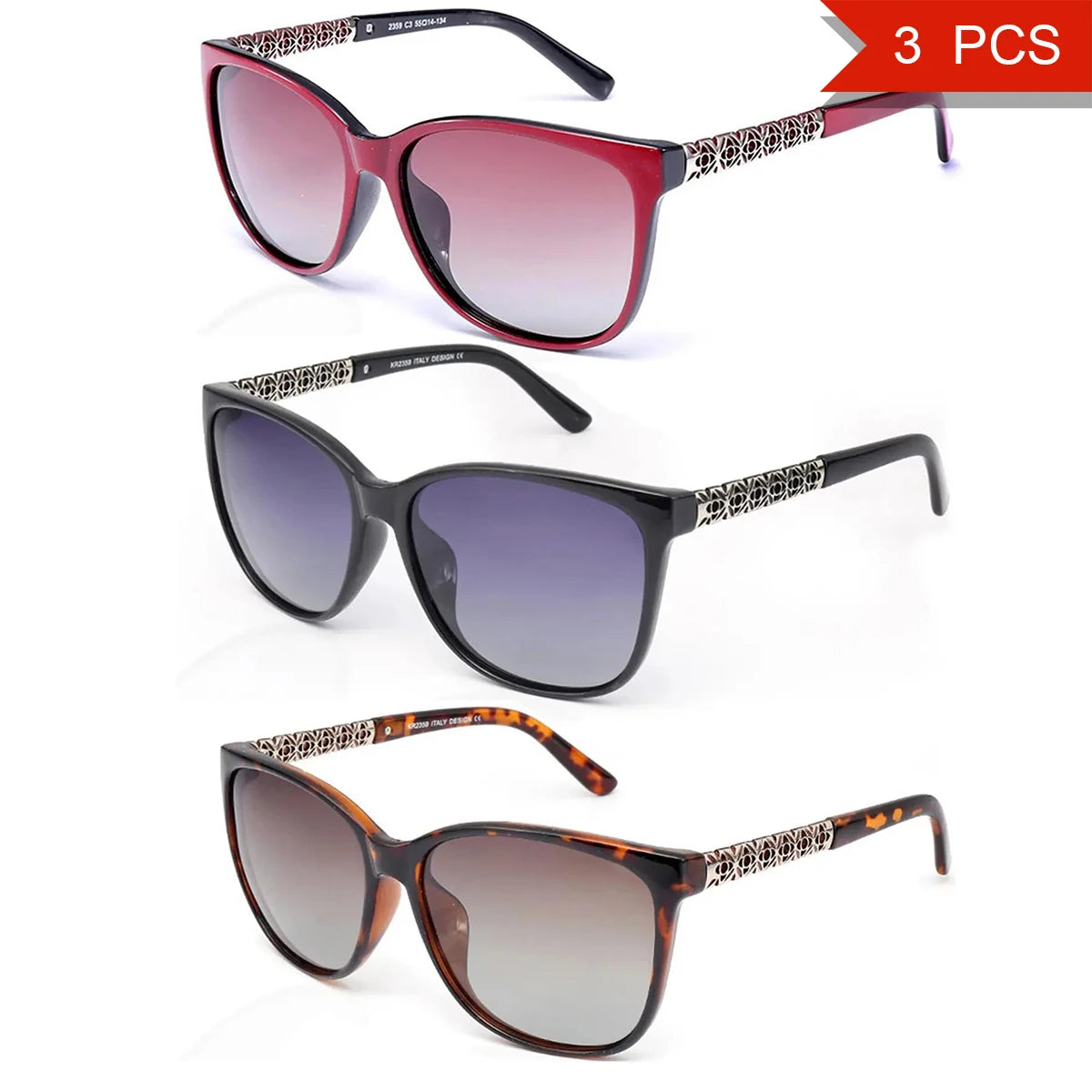 Trois paires de lunettes de soleil polarisées pour femmes, de différentes couleurs et styles