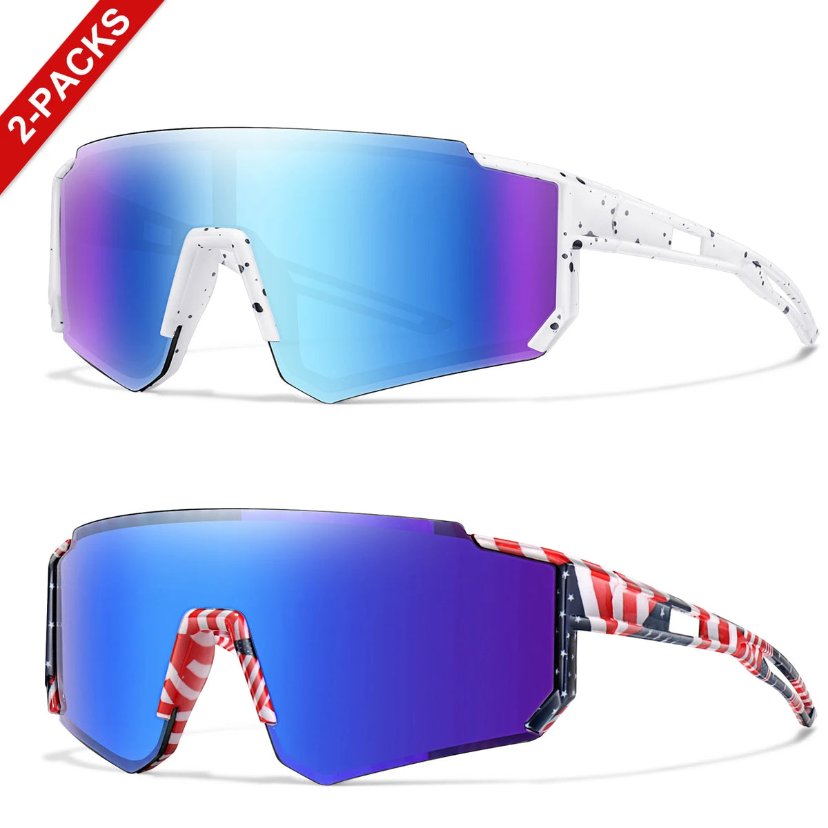 A pair of youth UV400 sunglasses with a square frame, featuring blue and purple lenses and white/red striped arms.