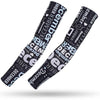Two black and white patterned sports arm sleeves with December themed text