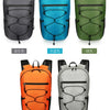A collection of large capacity waterproof outdoor hiking backpacks in various colors including gray, blue, green, orange, and