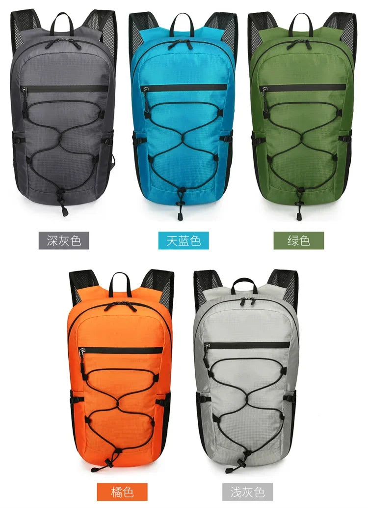 A collection of large capacity waterproof outdoor hiking backpacks in various colors including gray, blue, green, orange, and