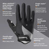 A close-up view of black windproof cycling gloves showing various features like finger seams and wrist openings.