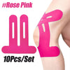 Pinkes elastisches Kniestabilisationsband auf einem Knie einer Person.