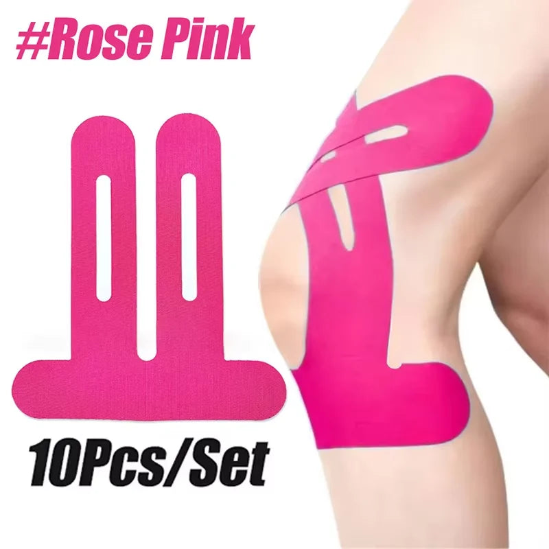 Pinkes elastisches Kniestabilisationsband auf einem Knie einer Person.