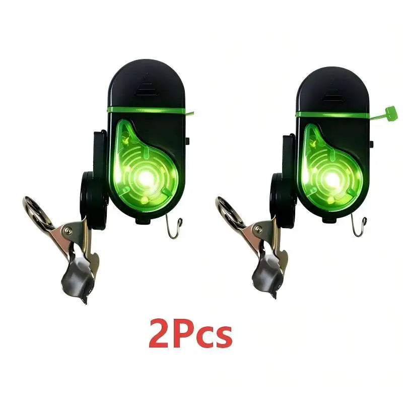 Two clip-on fishing bite alarms with green LED flash lights