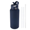 A dark blue stainless steel vacuum flask water bottle with a hinged lid and an attached metal straw.