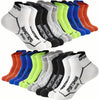 A pack of twelve breathable men's athletic socks in various colors including black, white, yellow, green, blue, and orange.