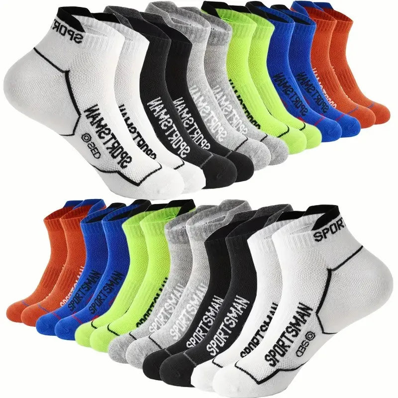 A pack of twelve breathable men's athletic socks in various colors including black, white, yellow, green, blue, and orange.