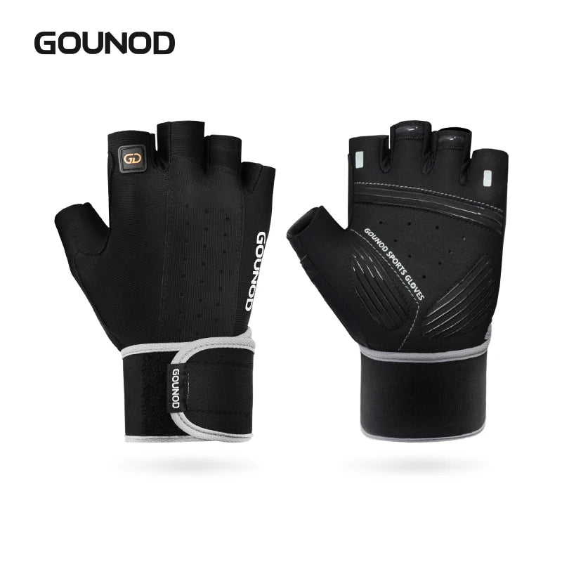 Guantes deportivos negros Gounod, mostrados desde arriba, con diseño acolchado para agarre y protección.