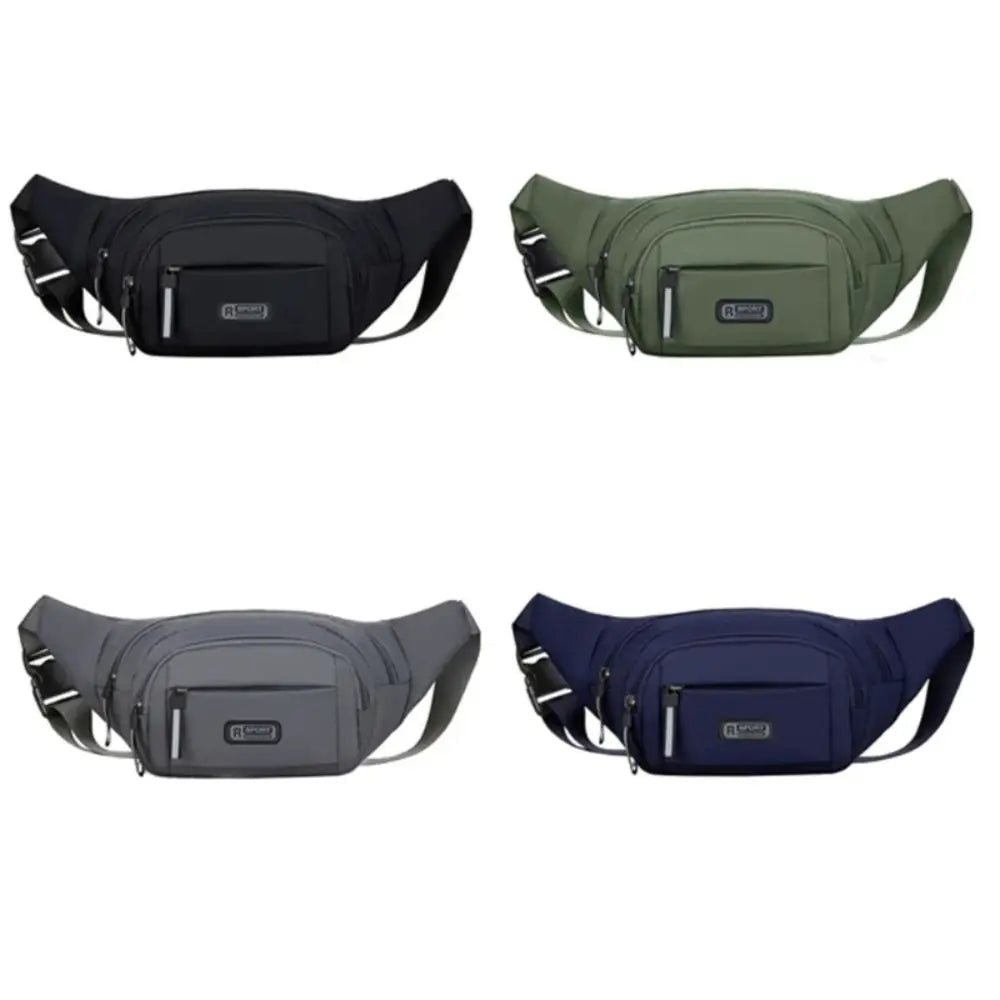 Three versions of a durable nylon waist bag for men in black, olive green, and navy.