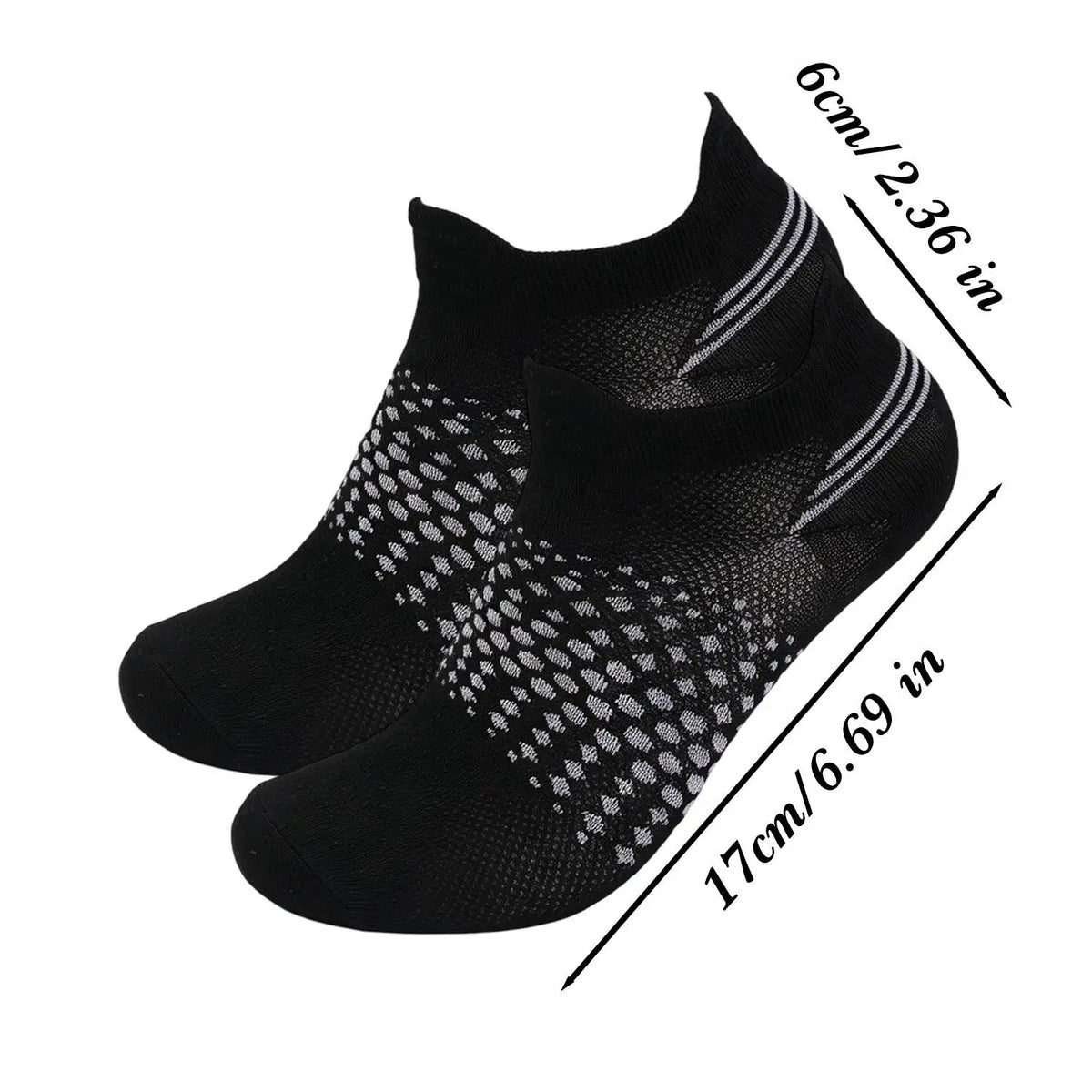 Black breathable mesh ankle socks with light gray stripes and patterned toe area.