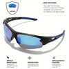 A pair of black wraparound sports sunglasses with blue-tinted lenses shown against a white background.
