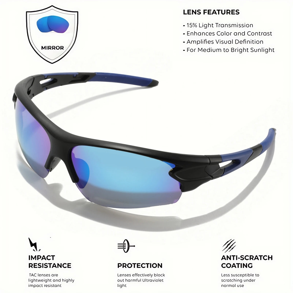 A pair of black wraparound sports sunglasses with blue-tinted lenses shown against a white background.