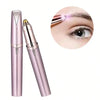A pink automatic electric eyebrow trimmer and shaper tool shown next to a close-up of an eyebrow grooming application.