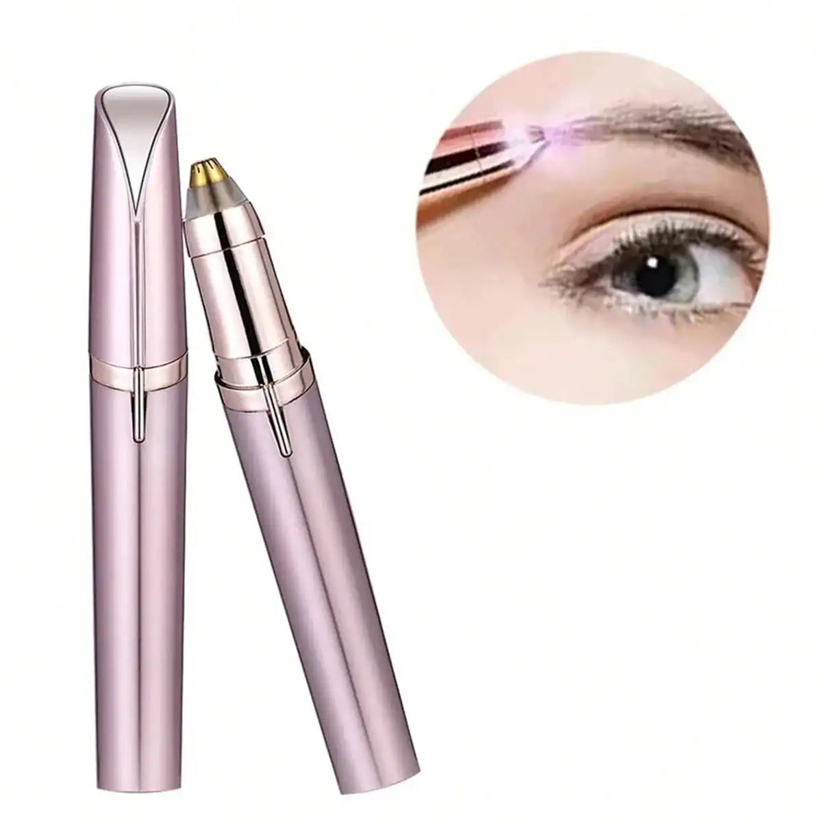 A pink automatic electric eyebrow trimmer and shaper tool shown next to a close-up of an eyebrow grooming application.
