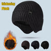 A black knitted winter knit hat shown in various views and a burning ember.