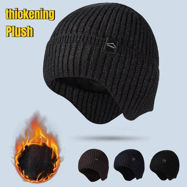 A black knitted winter knit hat shown in various views and a burning ember.