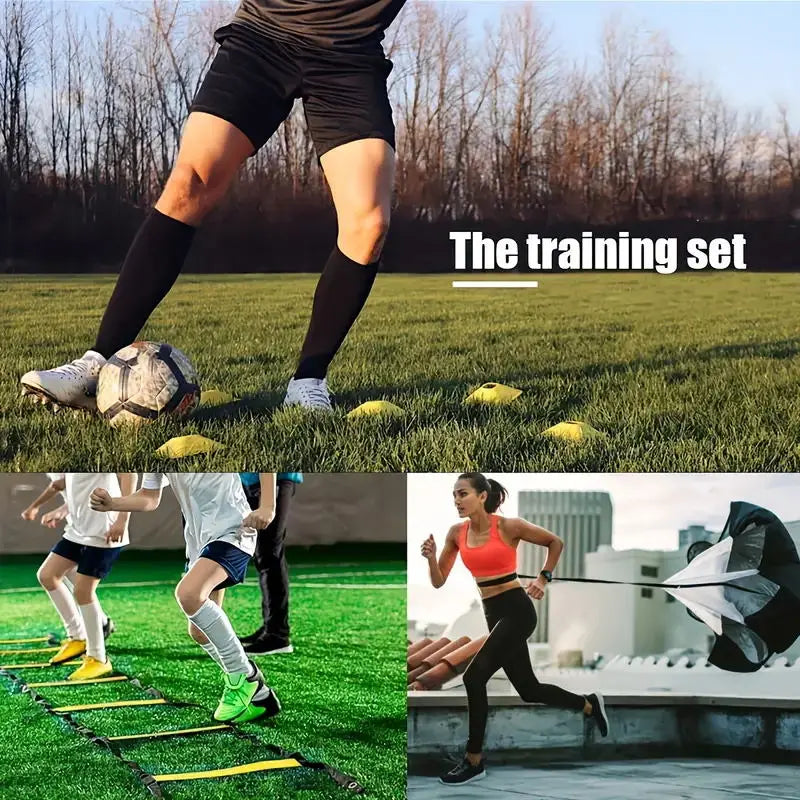 Una persona realiza un ejercicio de entrenamiento de fútbol con una vela de paracaídas en un campo verde.