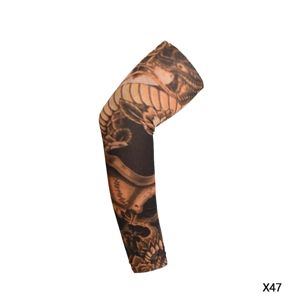 A dark brown reusable stretch tattoo arm sleeve wrapped around an arm.