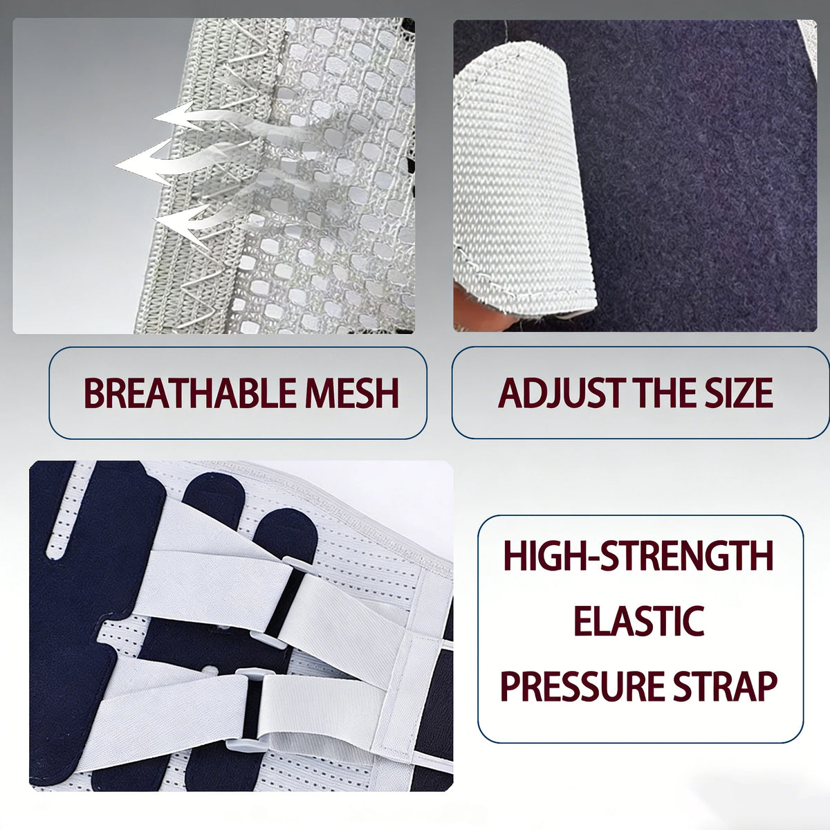 A white breathable mesh back brace with elastic pressure straps shown in various views.