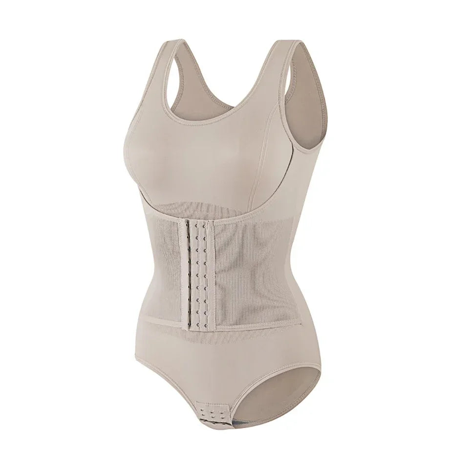 A light beige zippered shapewear bodysuit designed for waist slimming.
