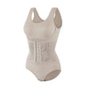 A light beige zippered body shaper slimming bodysuit for tummy control.
