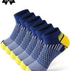 A set of six pairs of blue and yellow athletic knit ankle socks displayed in a row.