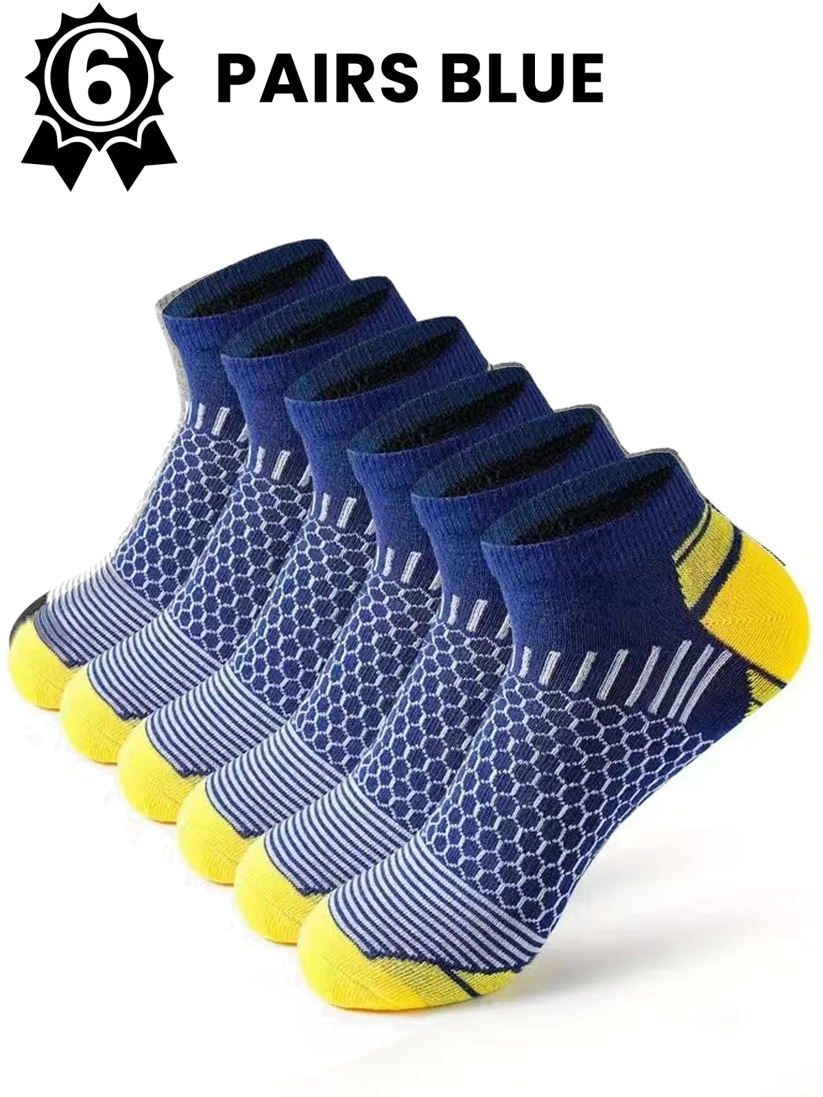 A set of six pairs of blue and yellow athletic knit ankle socks displayed in a row.