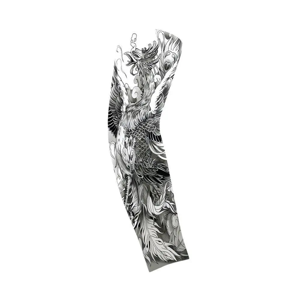 Black and white illustration of a fierce bird head design on an ice silk sun protection arm sleeve.
