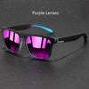Purple lenses vintage designer square sunglasses resting on a dark surface