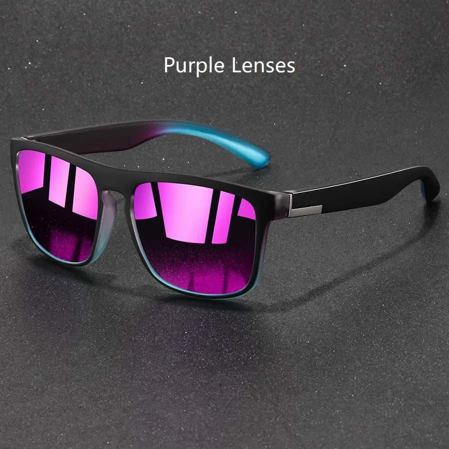 Purple lenses vintage designer square sunglasses resting on a dark surface
