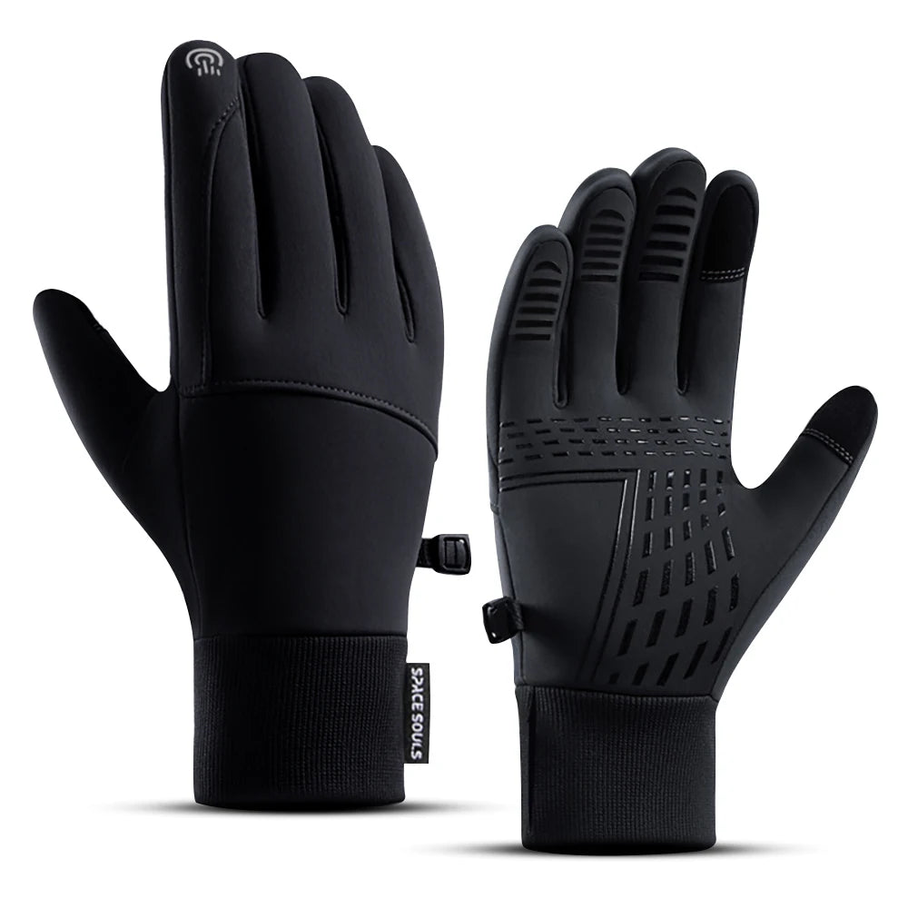 A pair of black performance outdoor sports gloves shown against a white background.