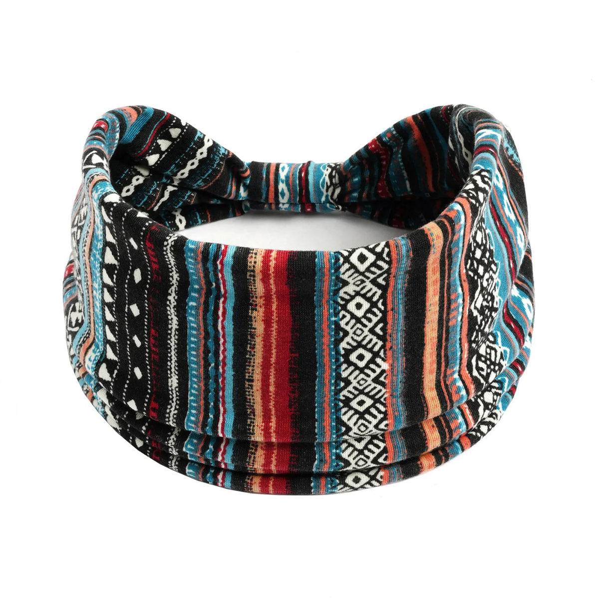 A black, blue, and red striped knitted headband with a polka dot pattern.