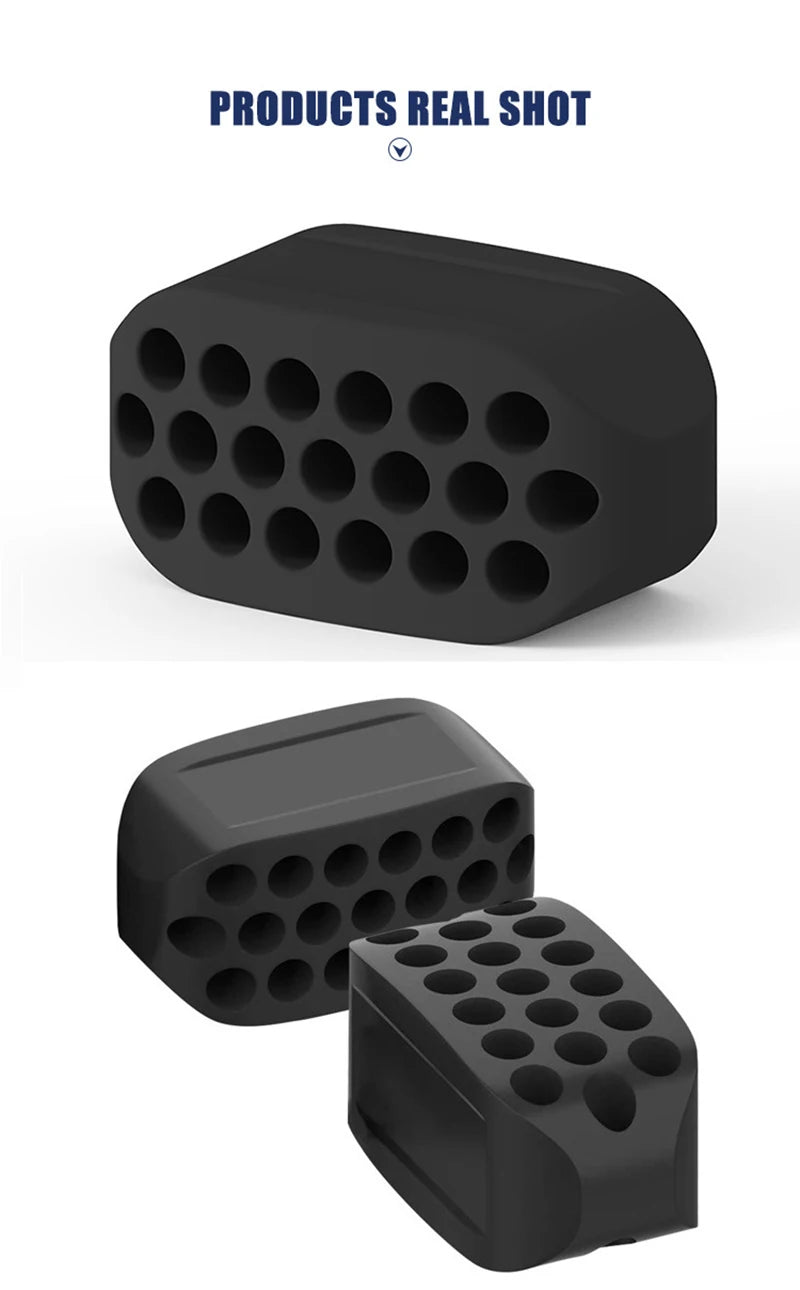 A black silicone jawline exerciser tool shown in multiple views.