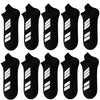 Un paquet de dix chaussettes de sport noires et blanches à coupe basse, présentées individuellement.