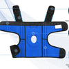 Blue knee brace featuring Velcro belts, ventilation holes, silicone strips, and metal spring stabilizers.