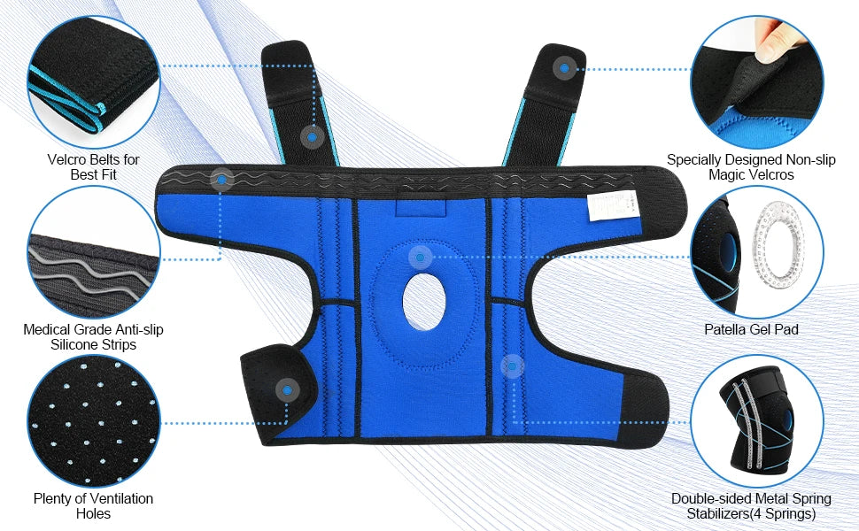 Blue knee brace featuring Velcro belts, ventilation holes, silicone strips, and metal spring stabilizers.