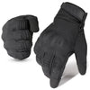 A pair of black motorcycle riding full finger gloves shown from the palm side.