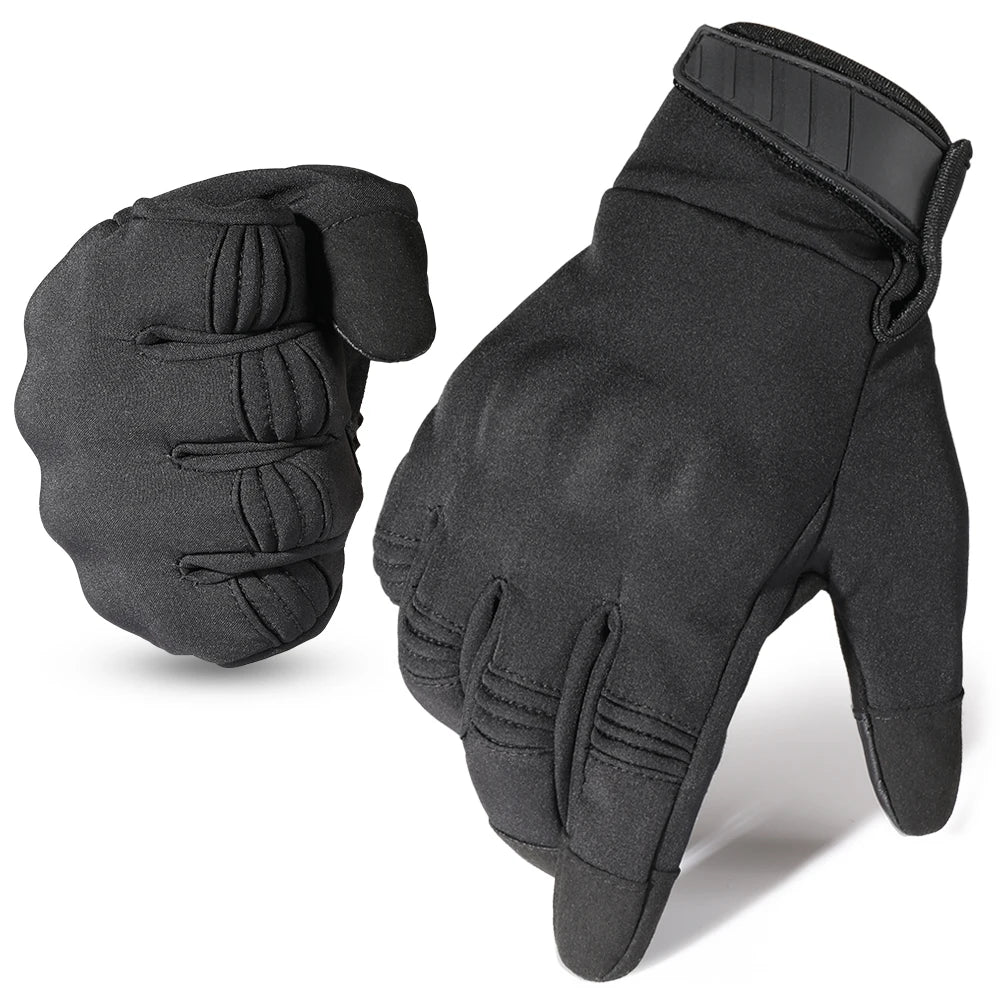 A pair of black motorcycle riding full finger gloves shown from the palm side.