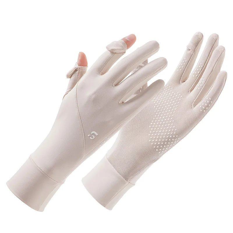 Light pink ice silk driving and cycling gloves shown against a white background.