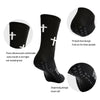 Black performance athletic socks with a fit back heel design and dispersing tread soft sole