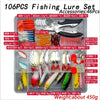 A variety of fishing lures and accessories including hooks, spoons, and baits are displayed in a plastic kit.
