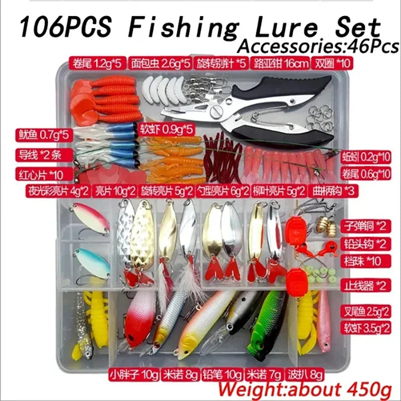 A variety of fishing lures and accessories including hooks, spoons, and baits are displayed in a plastic kit.