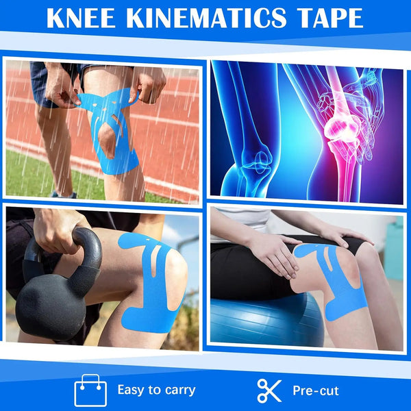 A set of blue precut kinesiology tape strips for knee support shown in various application angles.