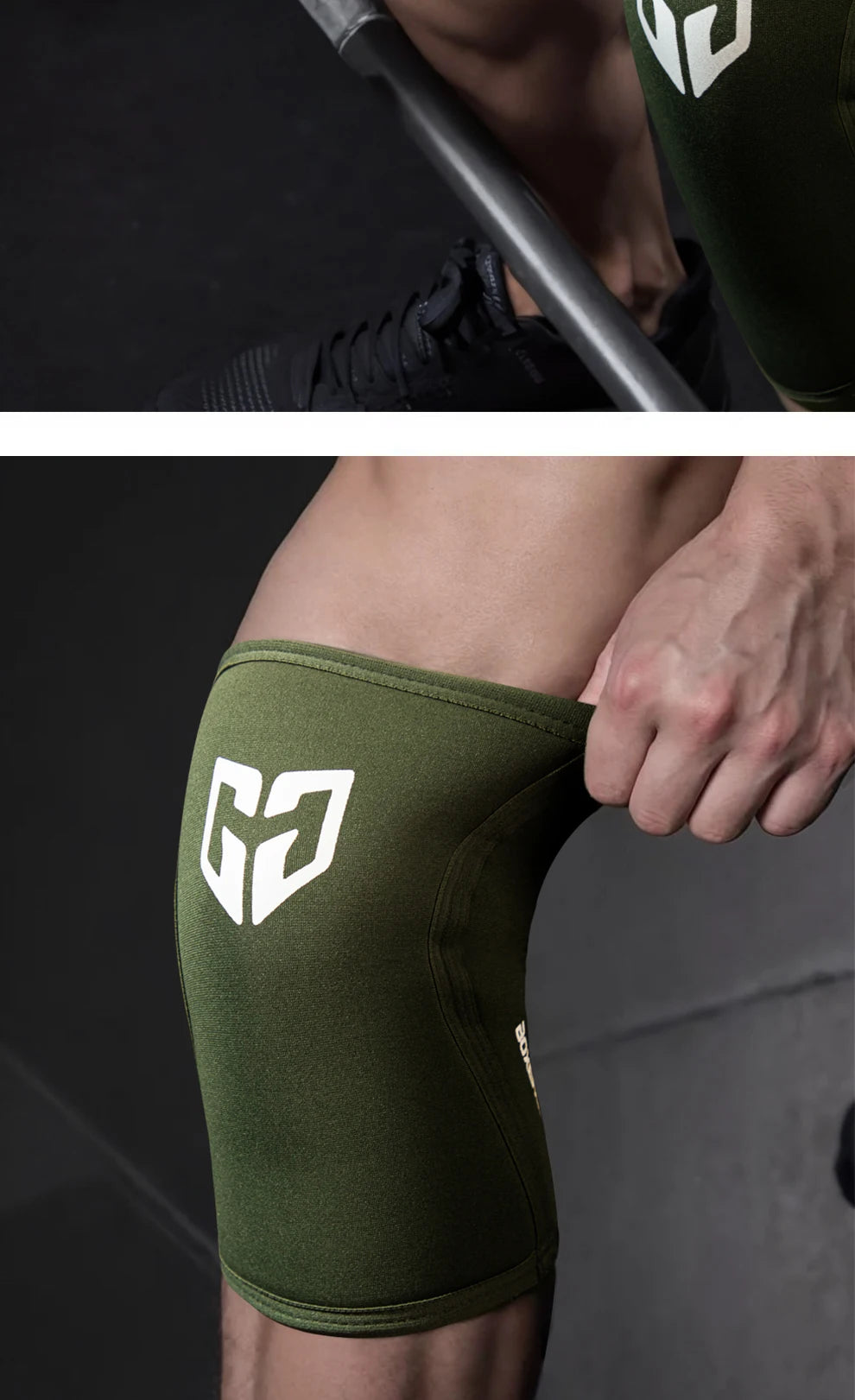A close-up of olive green compression knee sleeves worn on a person's leg.