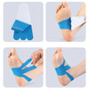 Precut blue kinesiology tape applied to the foot and ankle for joint support.