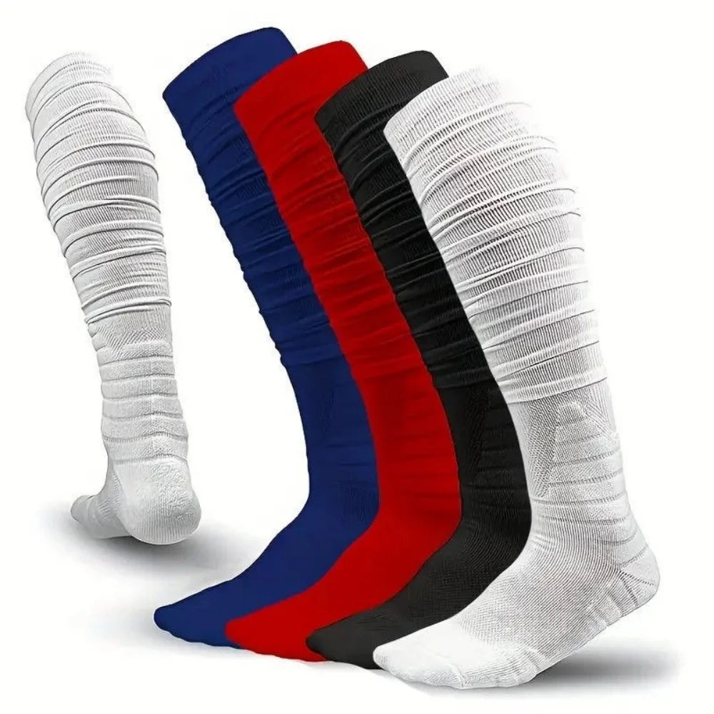 A stack of durable knee-high sports socks in white, blue, and red colors.